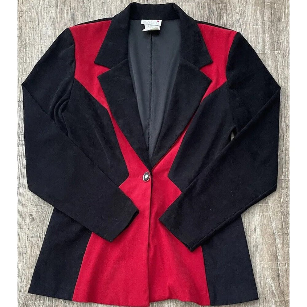 Scarlett Womens Petite Faux Velvet Blazer Black Red Sz 2P